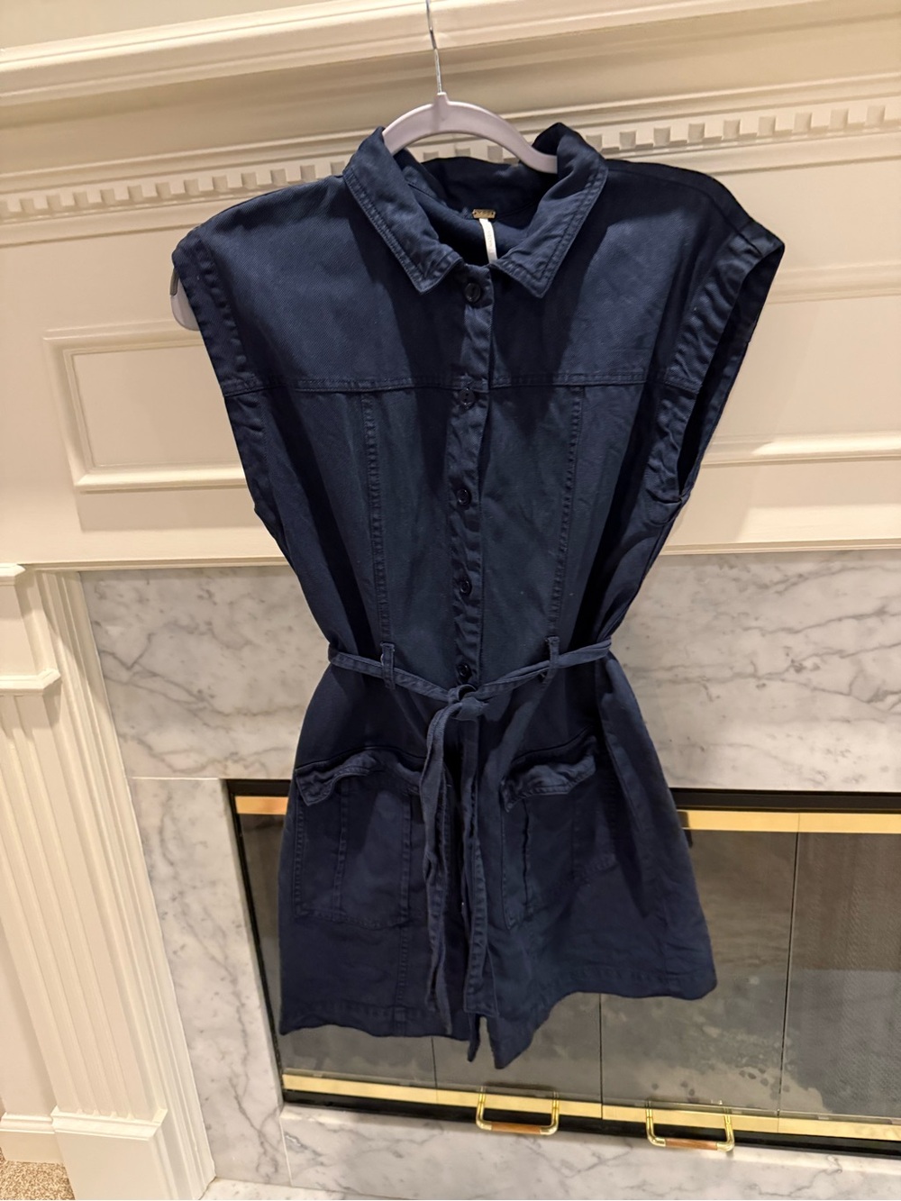 Navy Button-Front Shirt Dress with Belt